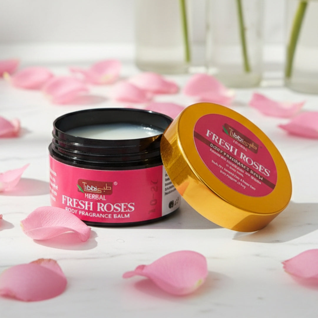 Tibbi Fresh Roses body fragrance balm with pink petals on a white surface